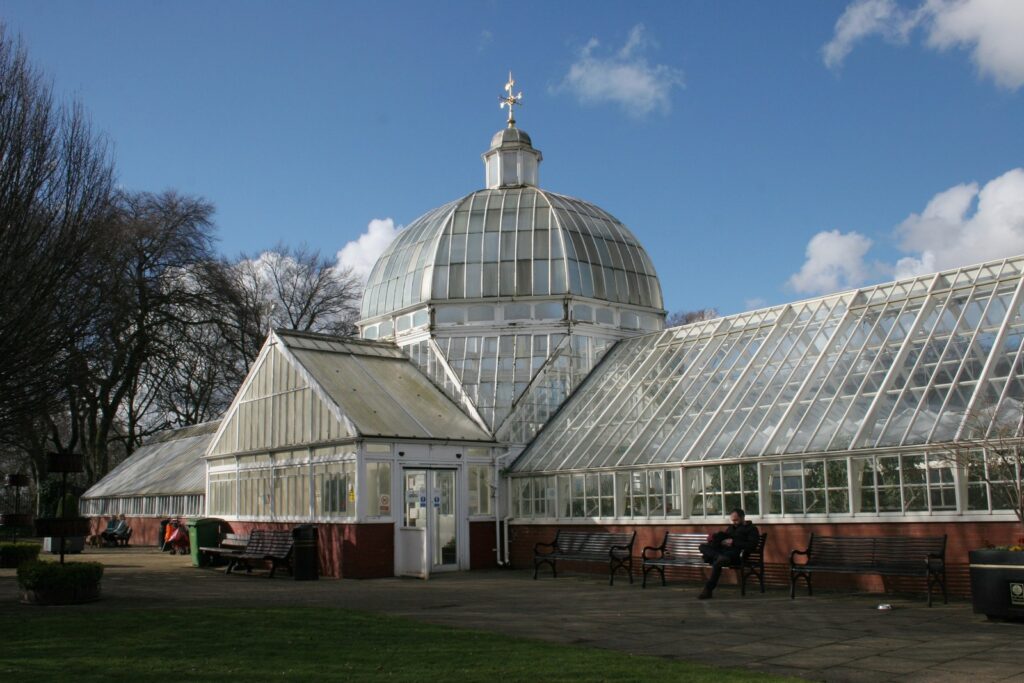Front elevation Queens Park Glasshouses with dome intact.