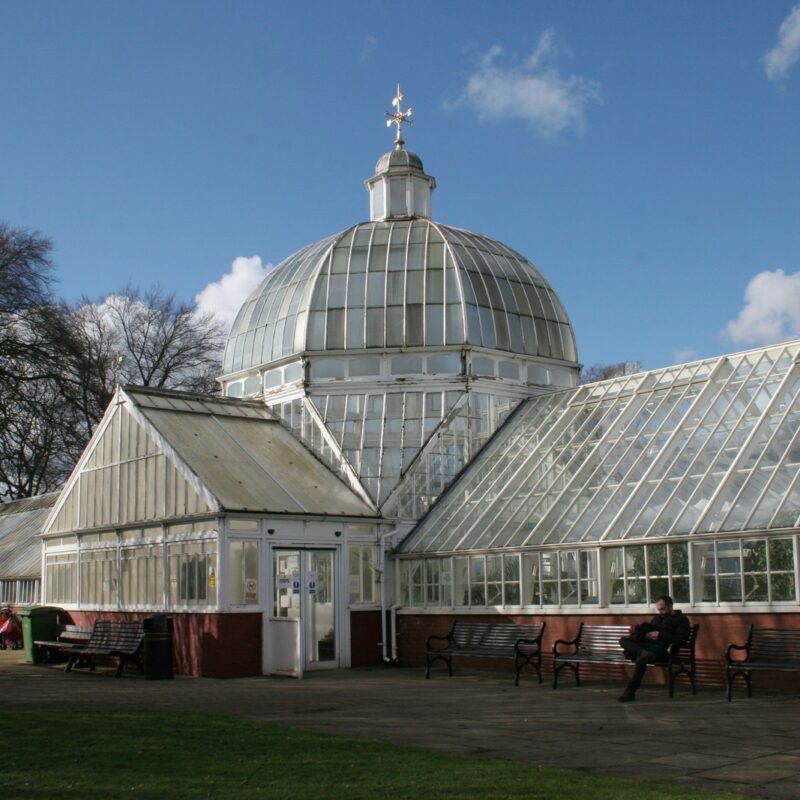 Front elevation Queens Park Glasshouses with dome intact.