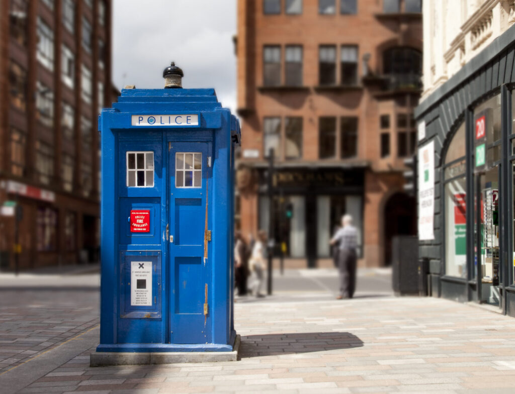 Blue Police Box on Glasgow City Centre street.